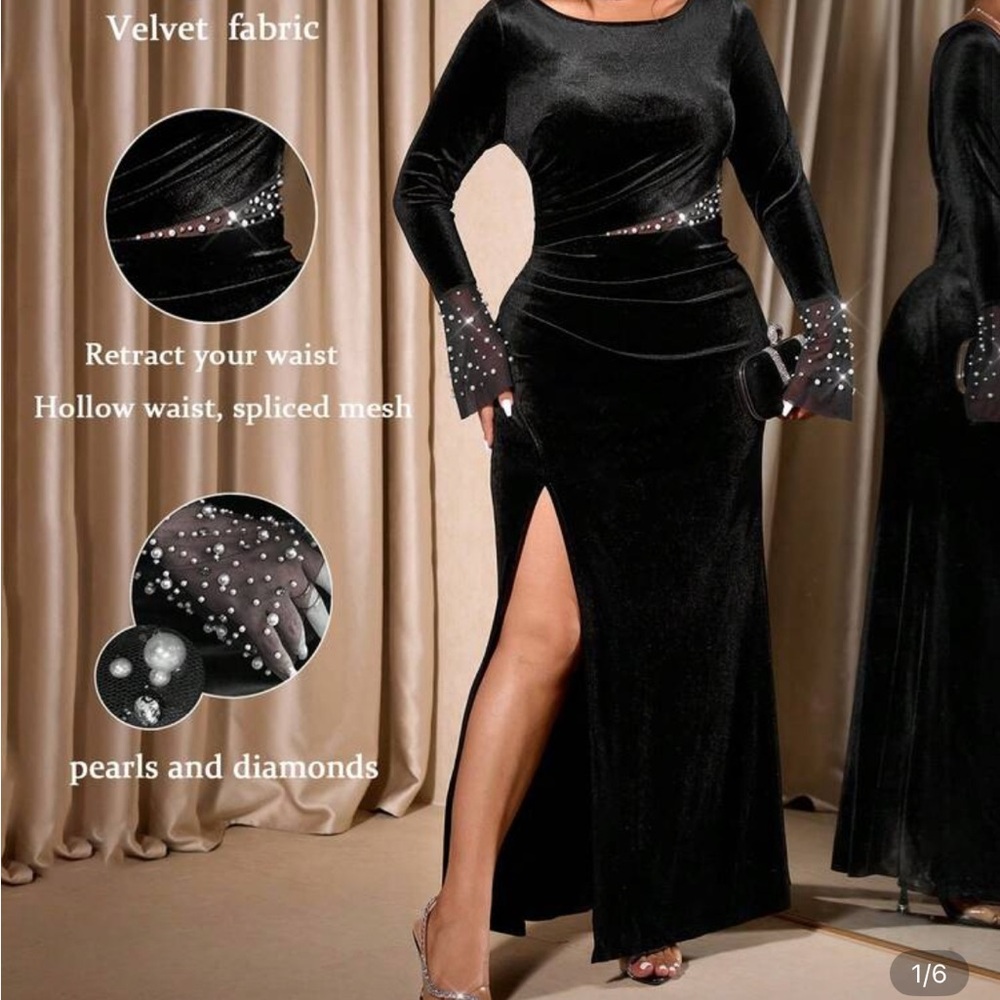 Elegant Black Velvet Dress with Pearl Accents